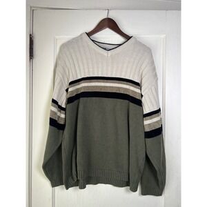 Y2K United Men's Striped V Neck Sweater Size Large Cream Olive‎ Black